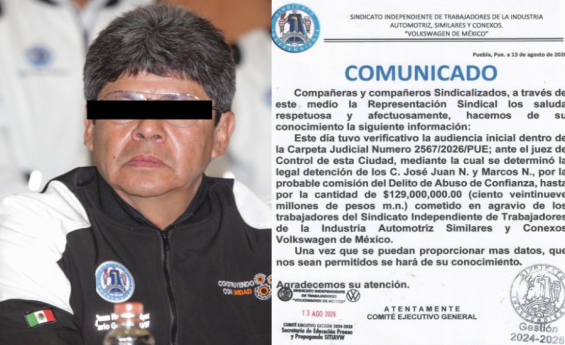 Caen ex líder y ex tesoro del sindicato de VW por presunto desfalco de 129 mdp