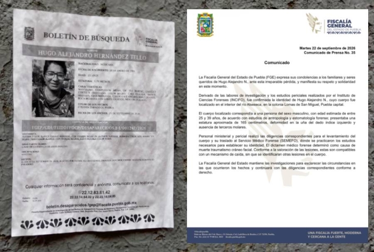 Confirma FGE hallazgo del cuerpo del estudiante de la BUAP en el río Alseseca