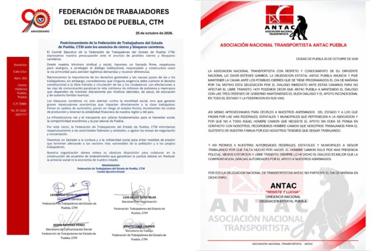 CTM Puebla llama al diálogo ante alerta de bloqueos en carreteras por transportistas; ANTAC descarta movilizarse