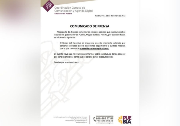Salud de Barbosa es estable, confirma Gobierno de Puebla